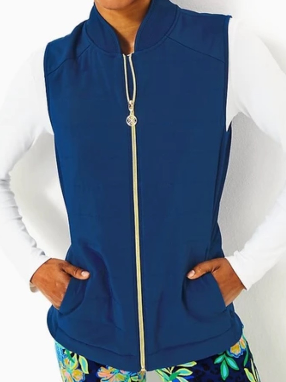 Lilly Pulitzer Kimberline Luxletic Blue Zip-Front Vest with Gold Zippe